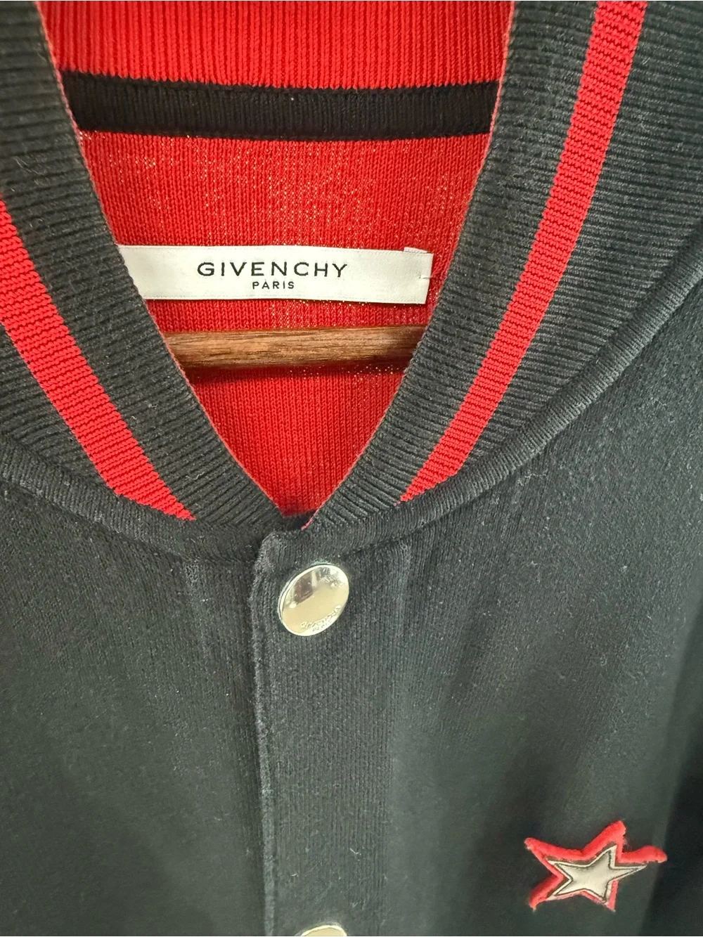 Givenchy Black Bomber Jacket with Red Star & Striped Trim
